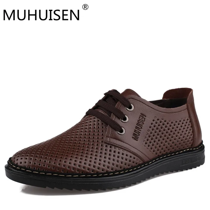

MUHUISEN 2018 new summer male genuine leather shoes breathable soft natural rubber sole lace up casual men shoes 38-44 eur