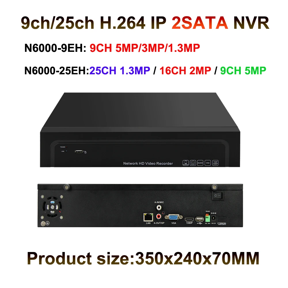 Onvif NVR 9CH 25ch 5mp/3mp/2mp Full HD IP Камера Регистраторы P2P Облако безопасности сети Запись IOS android, аудио 2HDD Порты