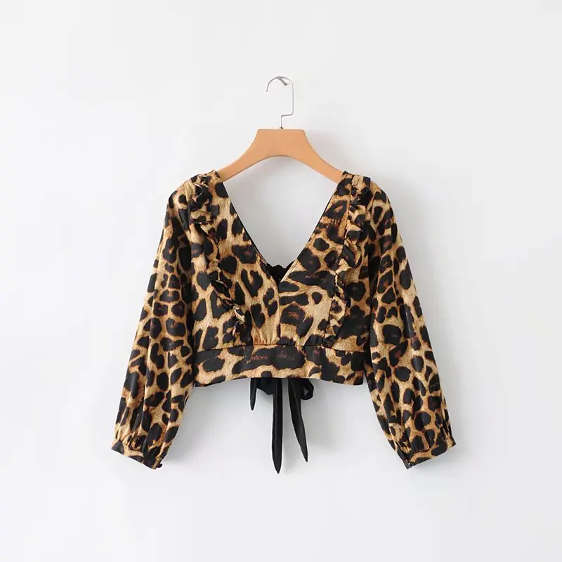 

2019 Leopard Print Back Bow Lace-up Women Blouse Sexy V neck Crop Top Short shirt Summer Casual Tops Female blusas N801