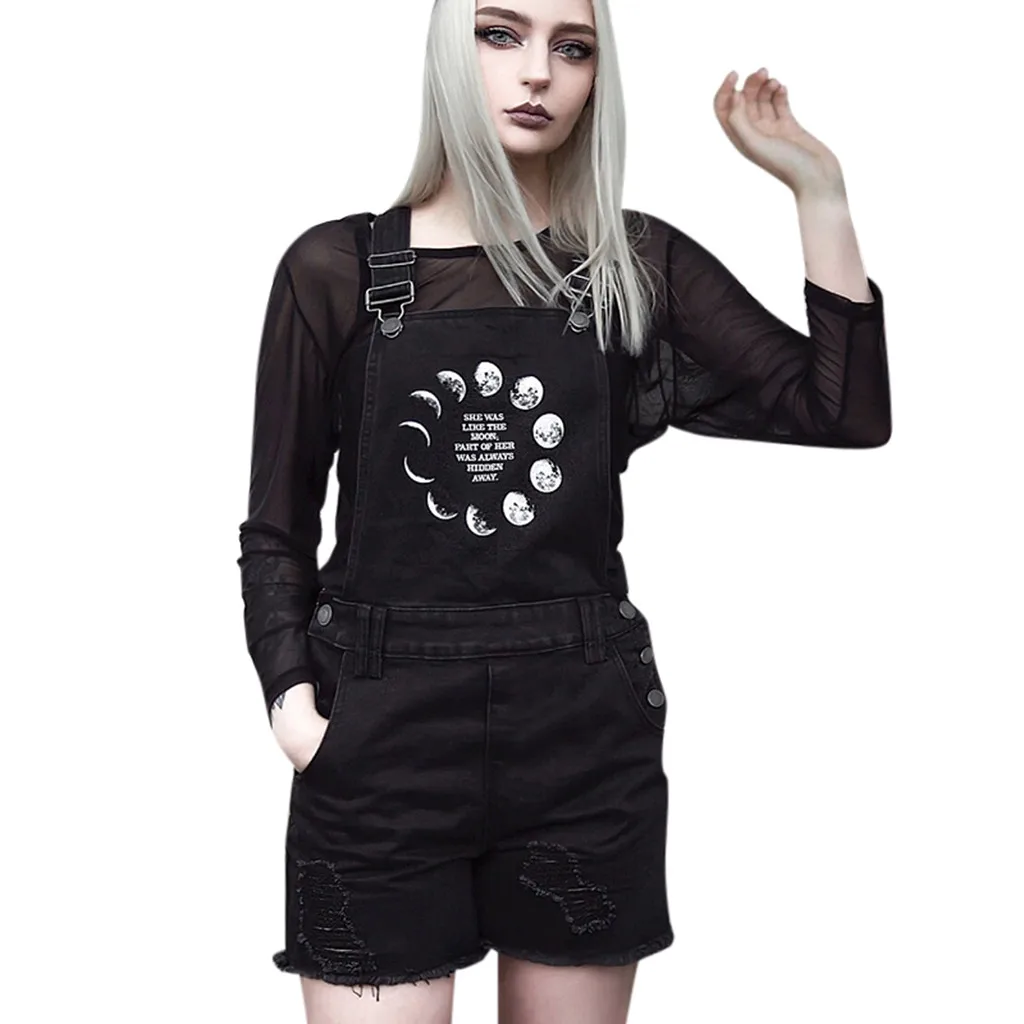 

Women Casual Street Gothic Salopette Femme Square Neck Spaghetti Strap Punk Letter Moon Print Hole Rompers Playsuit Overalls