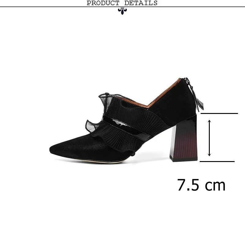 EGONERY woman shoes spring new fashion sexy pointed toe ruffles sheepskin woman pumps outside high heels zip ladies shoes