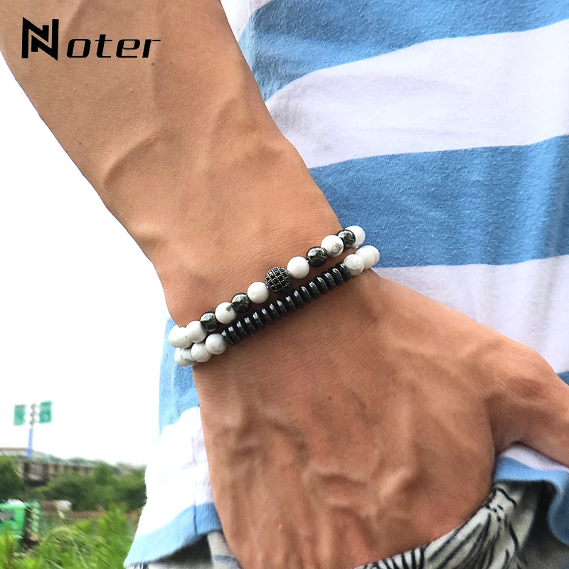 

Noter 2pcs Men's Bracelet Set Charm Black Zirconia Disco Ball Stone Braslet 6mm Hematite Lava Obsidian Tiger eye Braclet Gift