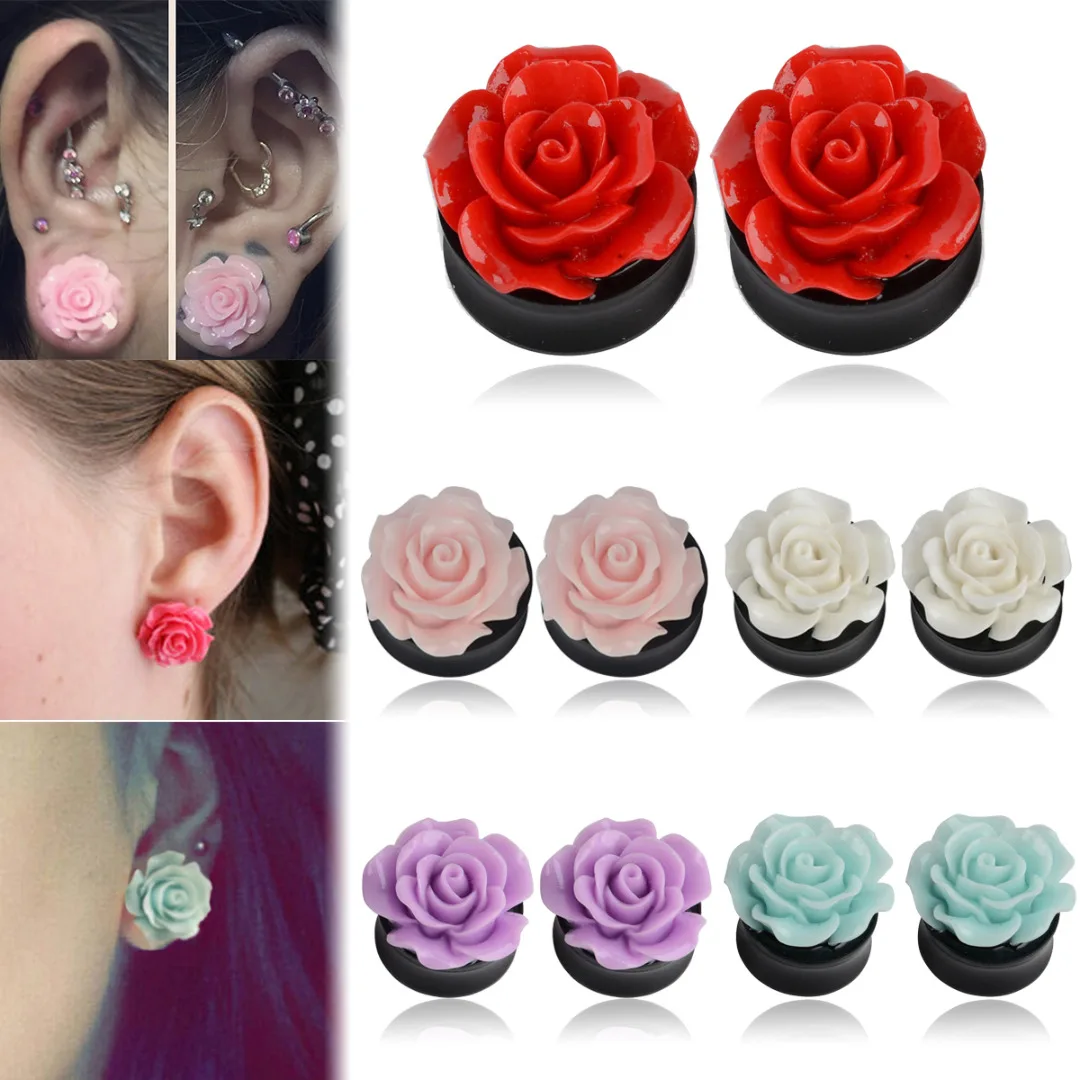 1Pair Rose Acrylic Double Saddle Ear Plugs Fashion r Ear Gauge Plugs Tunnels Stretcher Expander For Women Jewelry 8mm-25mm