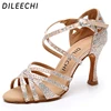 DILEECHI Latin dance shoes big small rhinestone shining Bronze Skin Black satin Women Salsa party Ballroom shoes Cuba 9cm heel ► Photo 1/6