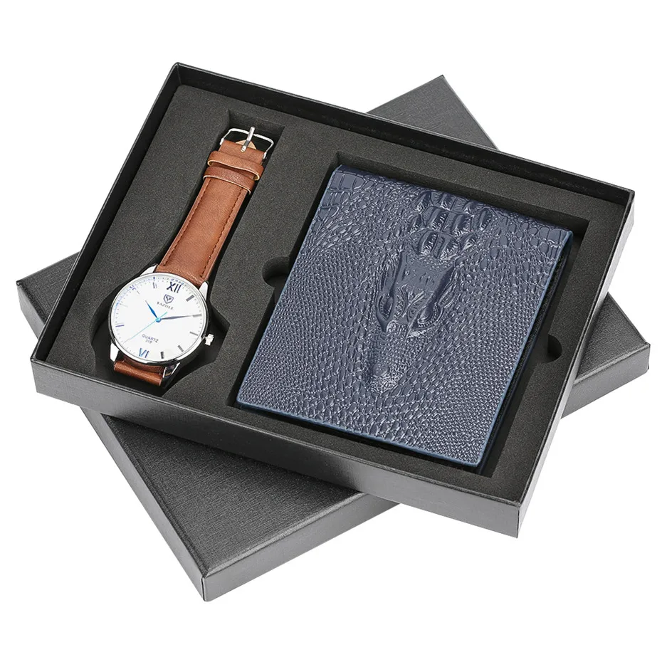 

New Crocodile Pattern Short Wallets Leather Band Waterproof Quartz Wrist Watch for Dad Husband Men's Clock Gifts Set Reloj