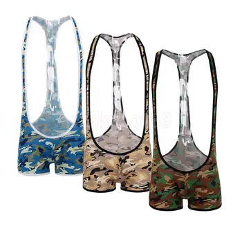 

Mens Camouflage Bodysuit Wrestling Singlet Jumpsuit Boxers Shorts Underwear One Piece Leotard Lingerie Tights