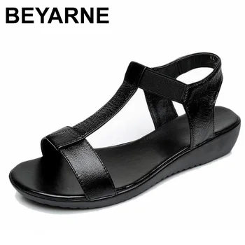 

BEYARNE Genuine Leather Women Comfortable Flat Shoes Soft bottom Elastic Sandals Black White blue Lady Summer Shoes Female