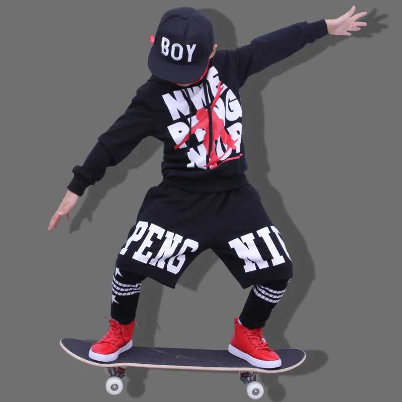 

Fashion Spring Autumn Children's Clothing Set Black Costumes Kids Sport Suits Patchwork Hip Hop Dance Pant & Sweatshirt