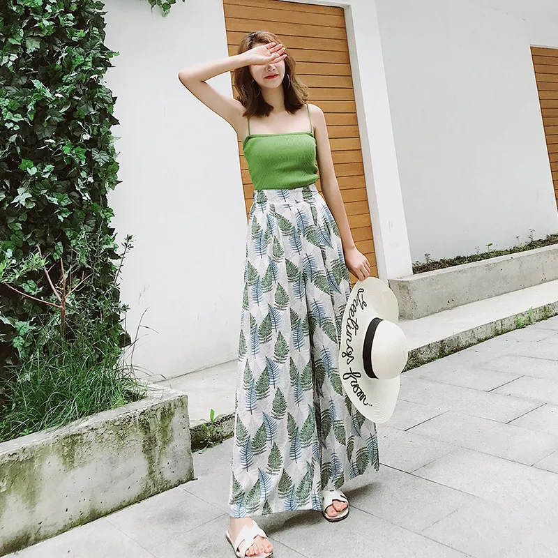 Retro high waist leaves printed chiffon wide leg pants female summer casual loose beach elegant vintage nine pants women 2019 Retro high waist leaves printed chiffon wide leg pants female summer casual loose beach elegant vintage nine pants women 2019