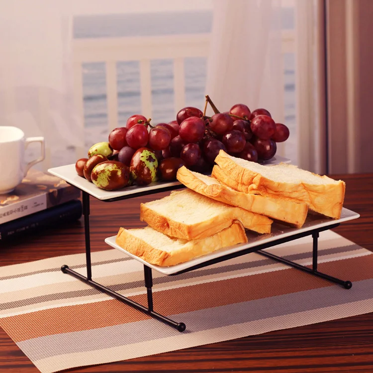 

Ceramic Two Layers Dinner Plate Decorative Porcelain Restaurant Serving Dish Iron Cake Stand Tableware for Buffet Party Wedding