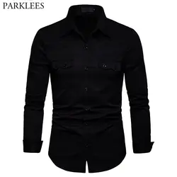 Мода двойной карман черный Для мужчин рубашка с длинным рукавом Slim Fit Мужская классическая рубашка Для мужчин s Повседневное пуговицах