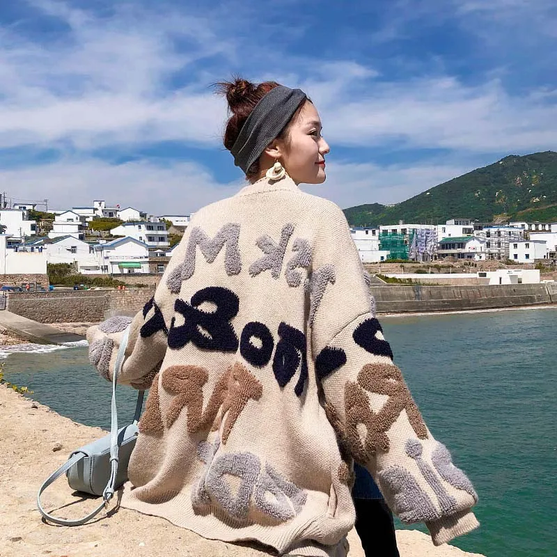 

2018 New Style Women Autumn And Winter Coat Loose Korean-Style Bright Red Knitted Cardigan Female Long Letter Sweater Female