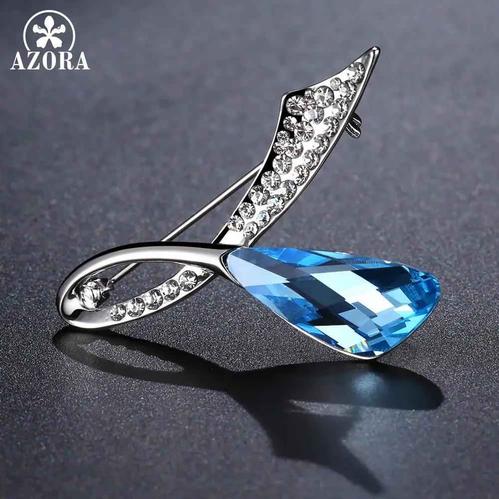 AZORA Double Leaf Blue Austrian Crystals Brooch Pin Clear Austrian Rhinestone Fashion Lapel Pins for Lady Sweater Coat TP0082