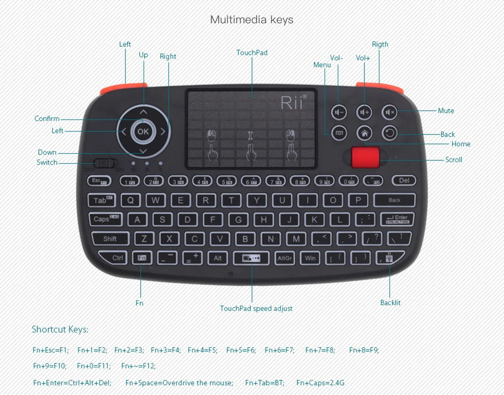 Rii RT726 Bluetooth 2,4 ГГц двойной режим Мини Беспроводная клавиатура Air mouse с тачпадом для iPad Pro iPhone XS ТВ коробка мини клавиатура