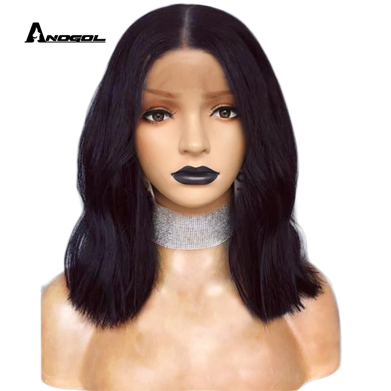 

Anogol 14" Short Natural Wave 1B Wig Bob 180% Density Heat Resistant Hair Synthetic Lace Front Wigs For Black Women Baby Hair
