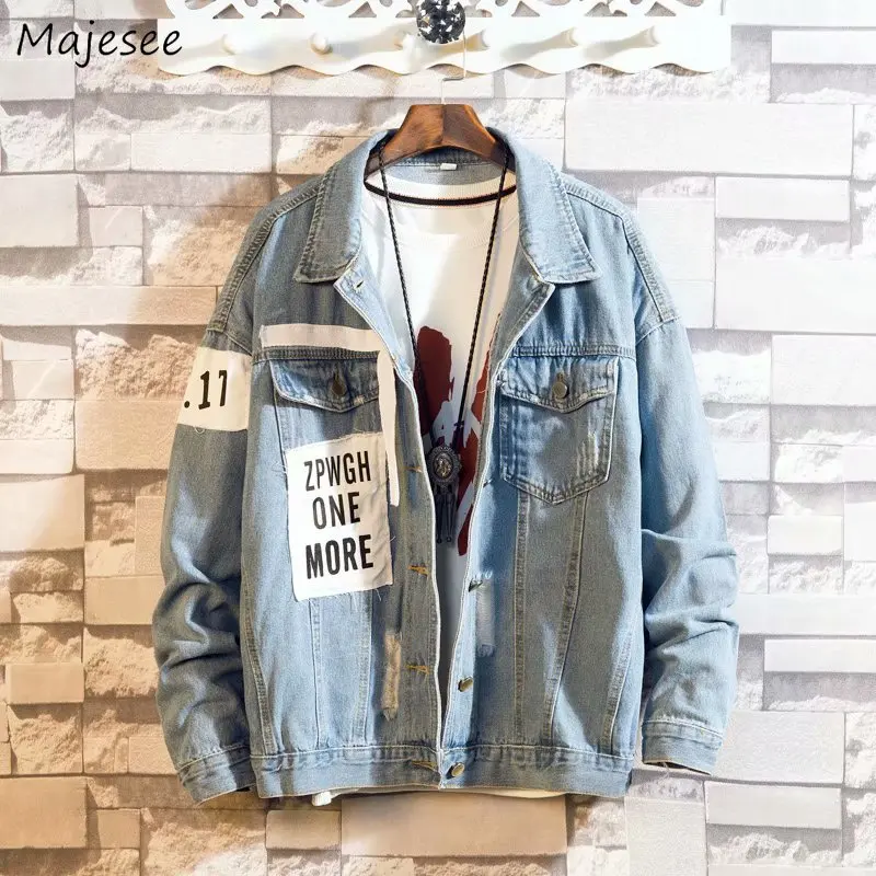 

Jackets Men Turn-down Collar Printed Single Breasted Simple All-match Jacket Mens Korean Style Students Trendy Denim Overcoats