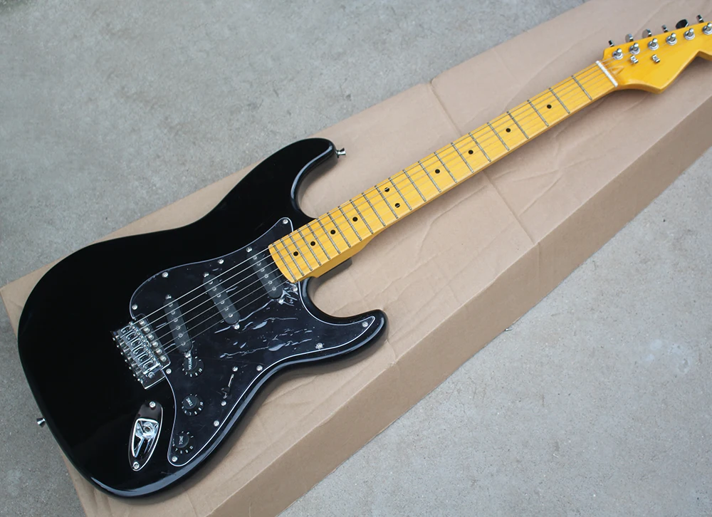 

Factory Black Electric Guitar with Yellow Maple Neck,Black Pickguard,Maple Fretboard,Chrome Hardware,Can be customized