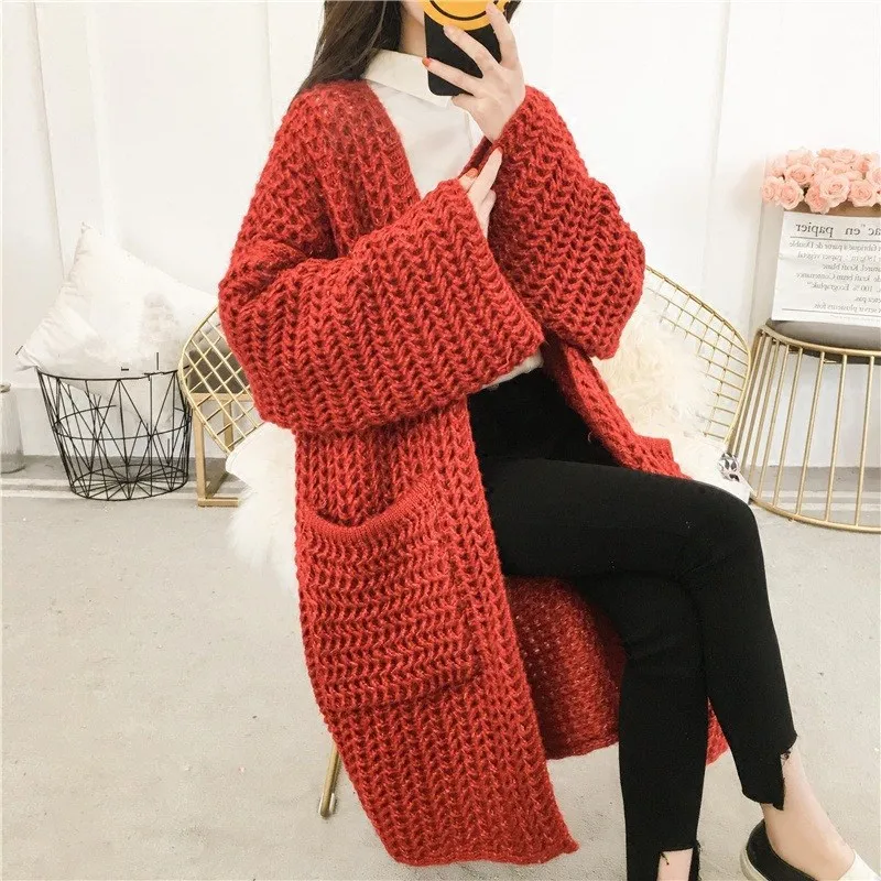 

2018 Women Solid Thick Knitted Cardigan Sweater New Pocket Coarse Line Long Sweaters Flare Sleeved Loose Coats