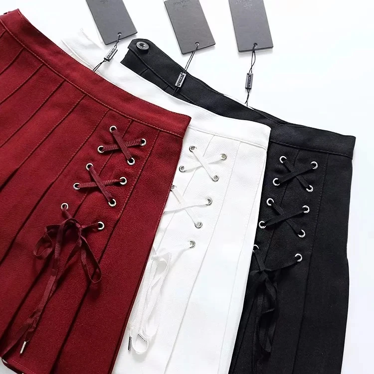 Tênis com o Lado Rendas até Detalhes Mulheres Plissado Skort Estilo Preppy Mini Saia 7 High Quality Moda Feminina