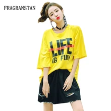 Летние женские новые повседневные свободные хлопковые BF стиль желтый топ женские модные буквы образец мультяшного принта лента Черная футболка JQ185