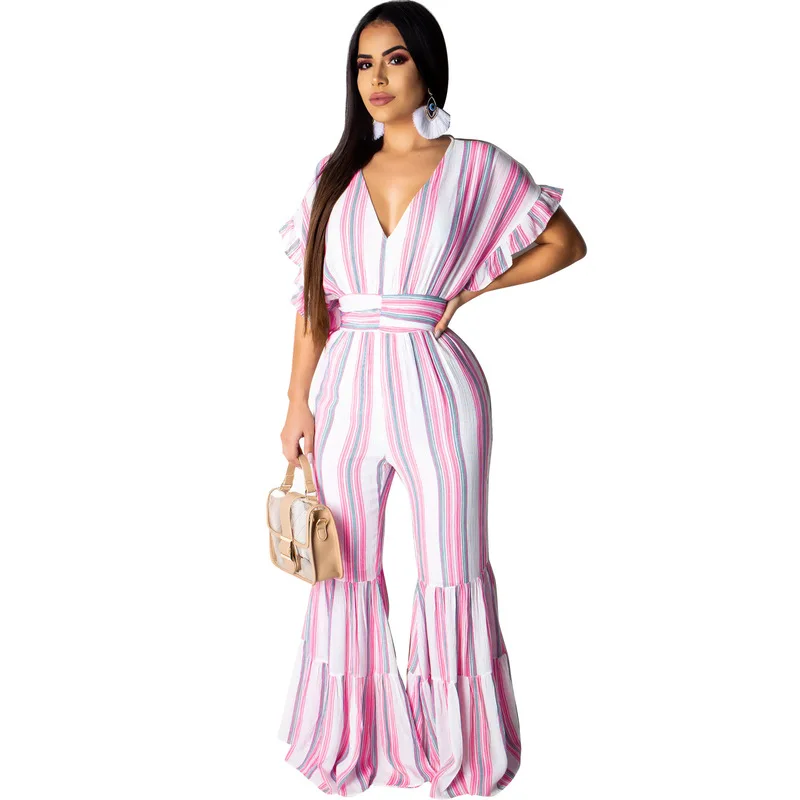 شريط طباعة مثير Bodycon حللا النساء عميقة V الرقبة قصيرة كشكش كم مضيئة ارتداءها الصيف عارية الذراعين شاطئ قطعة واحدة عموما