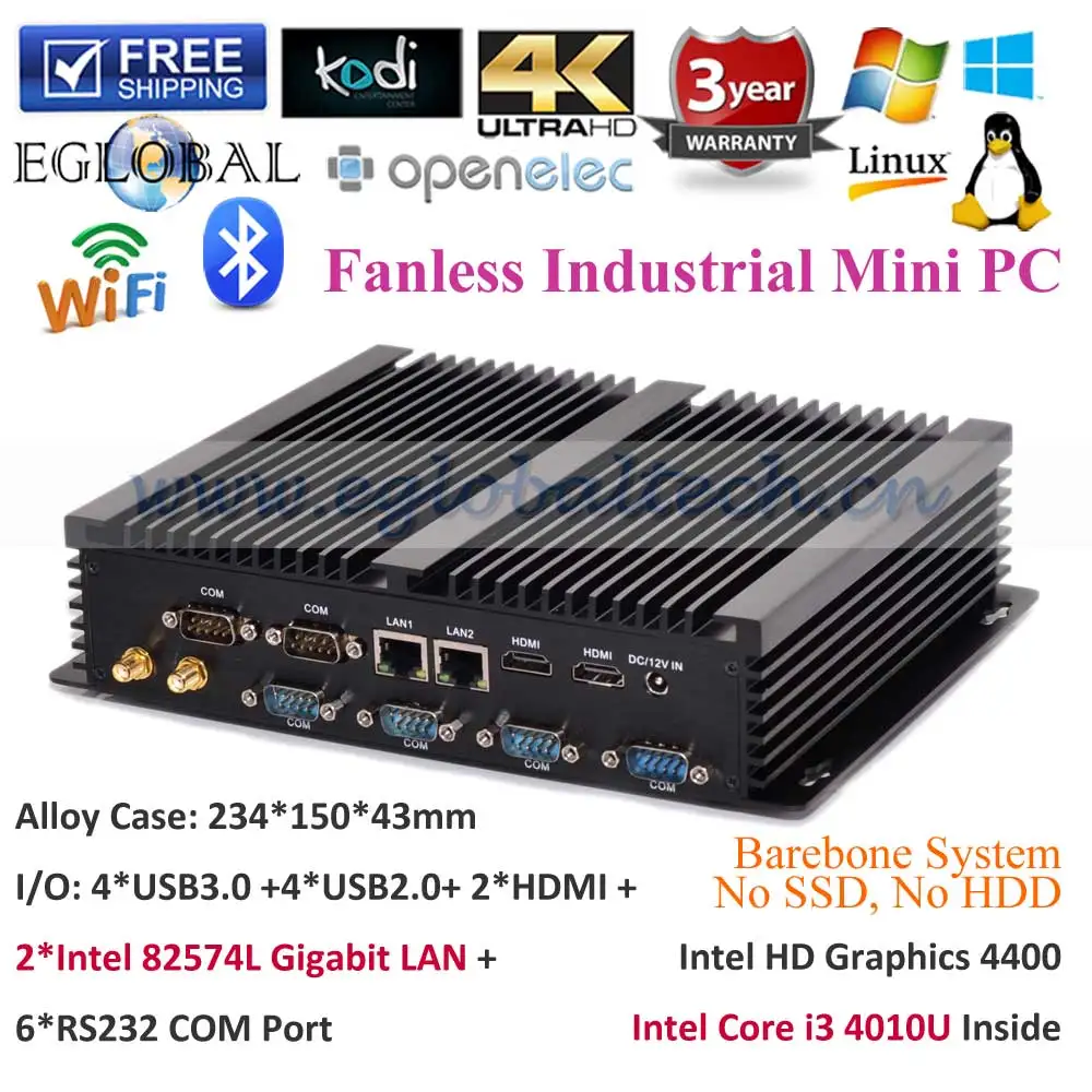 Мини-ПК на базе Windows 10 Intel Core i3 4010u I5 4200U 6 RS232 2LAN 2 HD MI 8 USB Wi-Fi процессор Eglobal Fanless |
