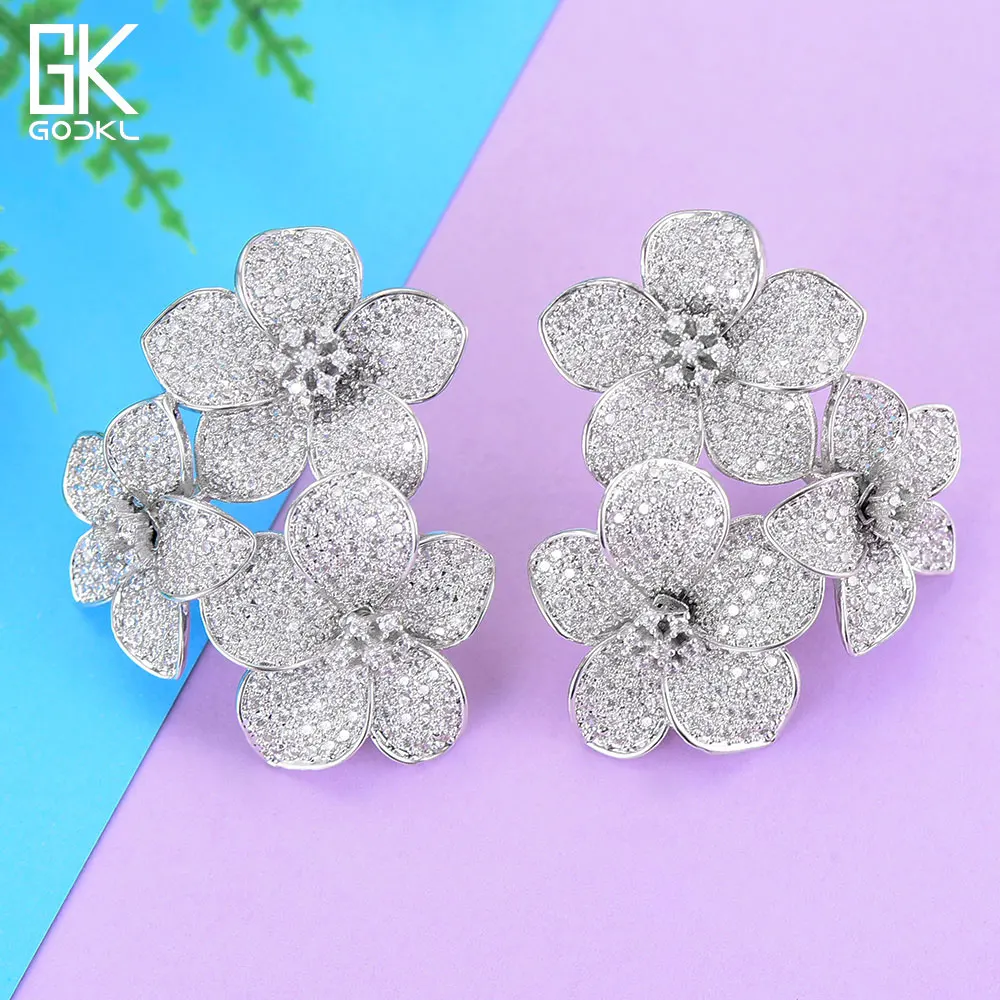 Colored Cubic Zirconia Flower Stud Earrings - 14K Gold Plated Crystal Earrings For Women