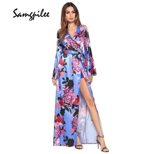 

2018 New Arrival summer Bohemian Asymmetrical Print Full sleeve Sashes Ankle-length Regular Natural V-neck fashion women Dresses