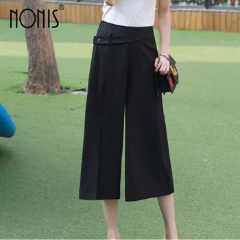 

Nonis women summer elegant Elastic waist Calf length loose wide leg pants Soft fabric Solid black trousers plus size s-4xl