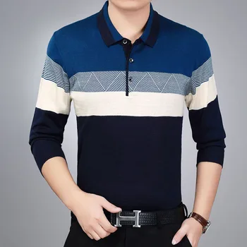 

New Arrival 2018 Spring Men Solid Smart Casual Slim Polos Male Classic Jacquard Stripe Long sleeve Tops Clothing men 86-8
