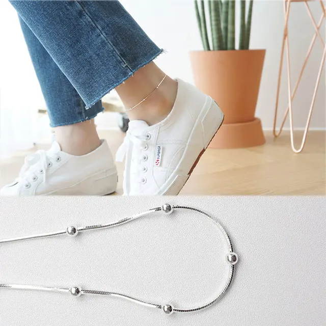OLOEY Real 925 Sterling Silver Anklet For Women Simple Snake Chain Beaded Ankle Bracelet Fine Jewelry Gifts Drop Shipping YMA001