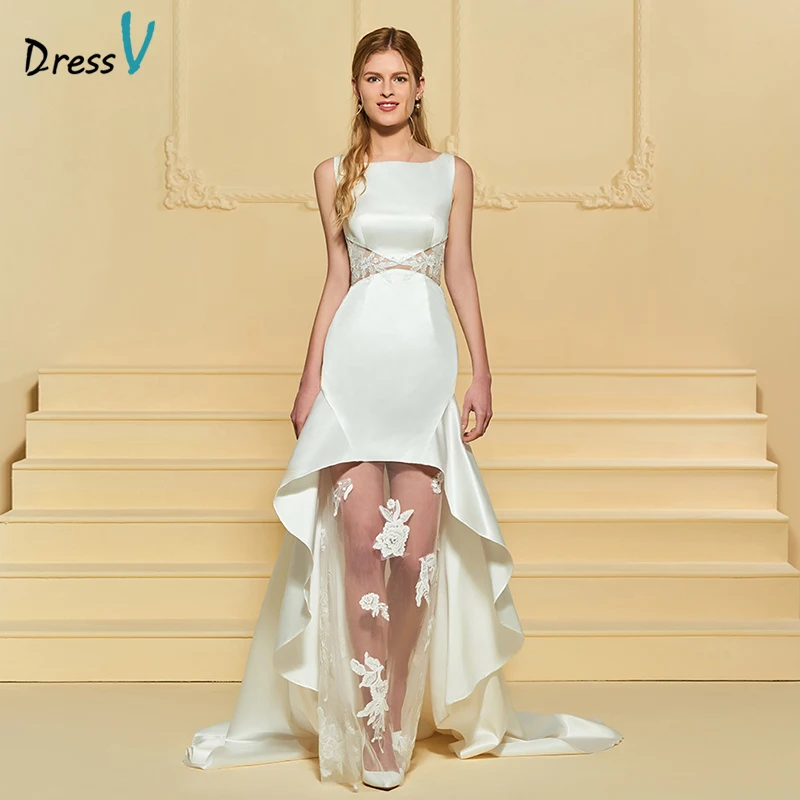 

Dressv Long Ivory Wedding Dress Sheath Sleeveless Lace Button Court Train Matte Satin 2018 Custom Wedding Gown Wedding Dress
