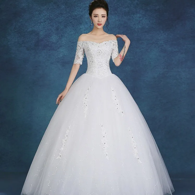 

Vestido De Noiva Elegant Wedding Dresses Off The Shoulder Ball Gown V-Neck Appliques Crystal Lace Bride Dresses Tulle Mariage