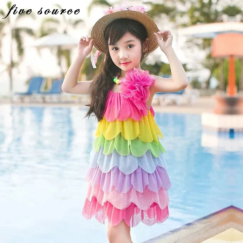 

Children's summer dress barn vacation beach little girl apparel baby rainbow dress seaside foreign princess for girls dress