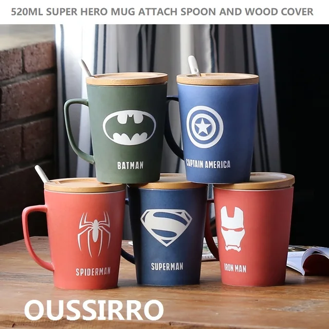 $US $14.39 OUSSIRRO Super Hero Avengers Justice League Infinity wars Mugs With Wood Cover and Spoon Pure Color