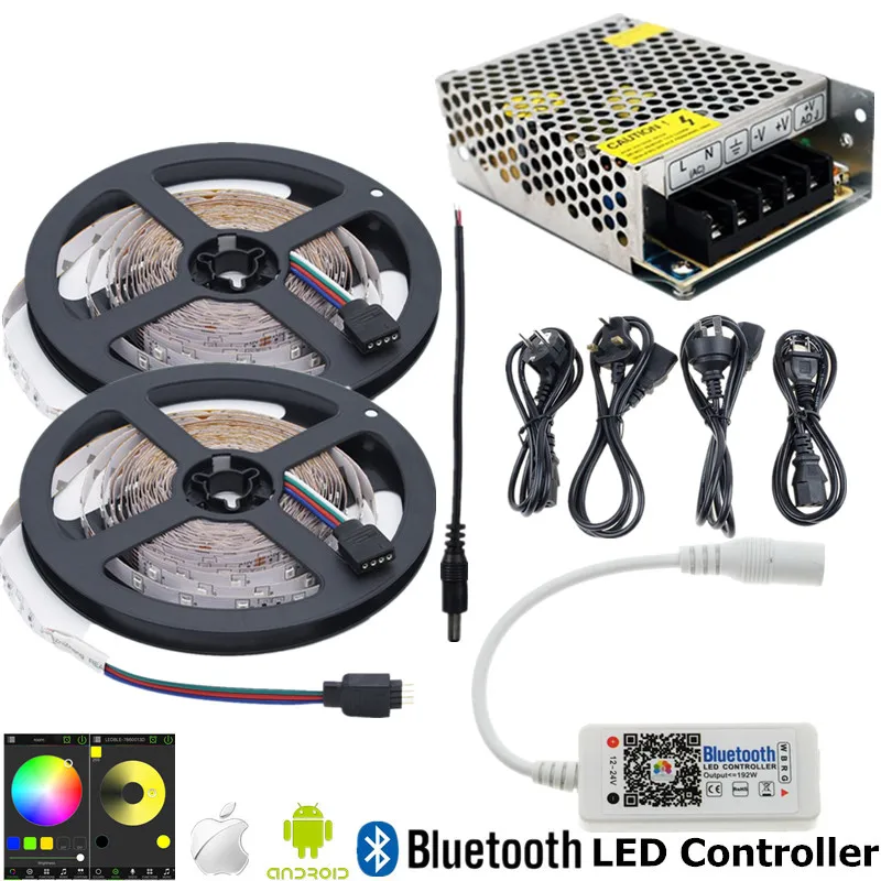 

10m RGB LED Rope Light 12V SMD 2835 LED RGB Tape IP20 No Waterproof Flexible LED Strip Ribbon String+Bluetooth Controller+Power