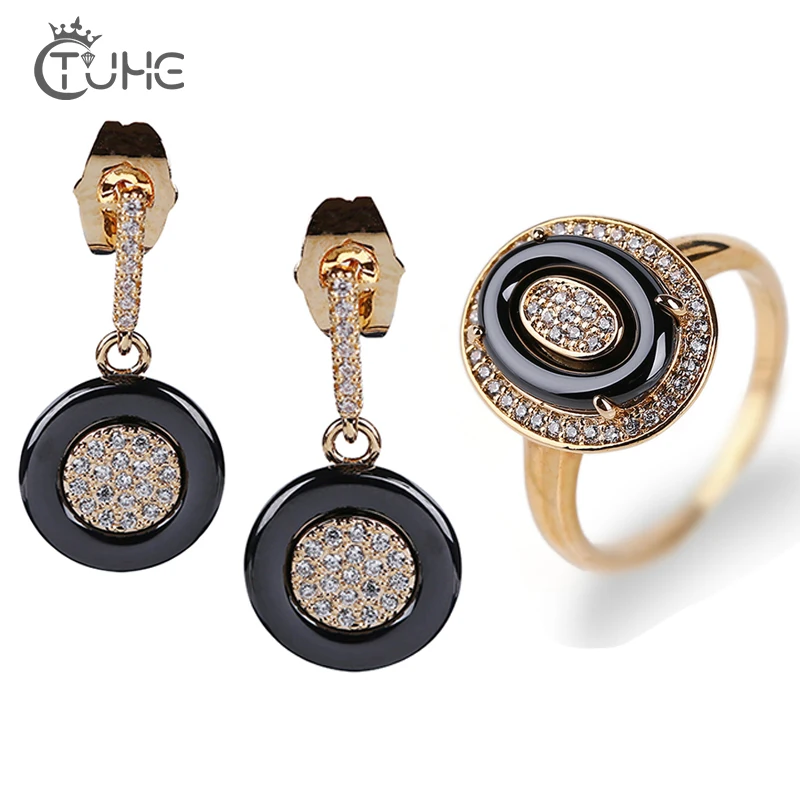

Ladies 585 Gold Jewelry Sets Australia Crystal Earrings Ring Sets Made In Ceramic Material Jewelry Women Wedding Costume Jewelry