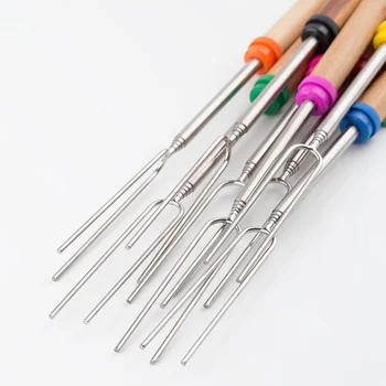 

8 In 1 Length Adjustable Camping Barbecue Fork Family Outdoor Camping U-Shaped Barbecue Gang Wooden handle
