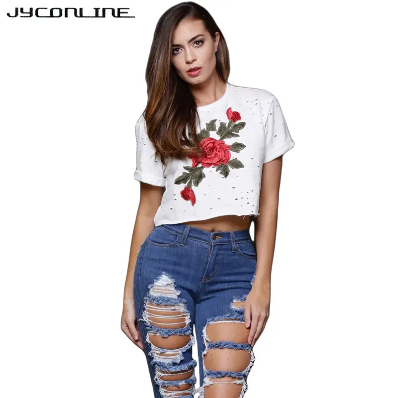 

JYConline Embroidery T-shirt Women Short Sleeve Female Tops Rose Tee Shirt Femme Hole Cropped Top Harajuku T-shirts For Women