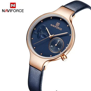 NAVIFORCE Women Fashion Blue Quartz Watch Lady Leather Watchband High Quality Casual Waterproof Wristwatch Gift for Wife 2019