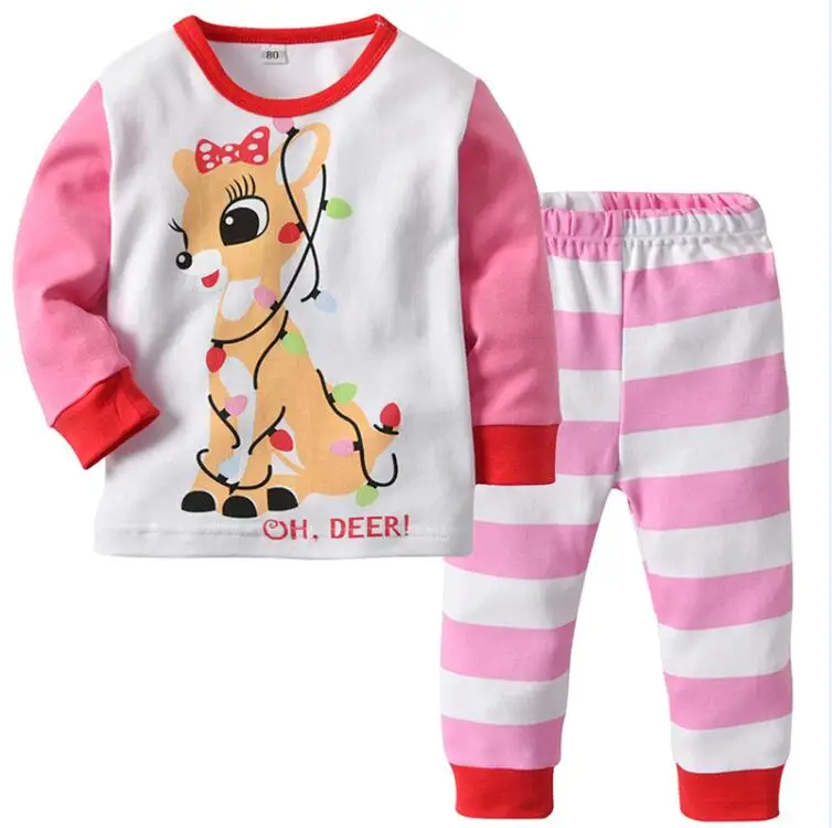 Christmas Sleepwear Home Wear Clothes Baby Home Service Boy Girl Red Print Christmas Deer Top+ Striped Pants Set Kids Clothes - Color: Pink