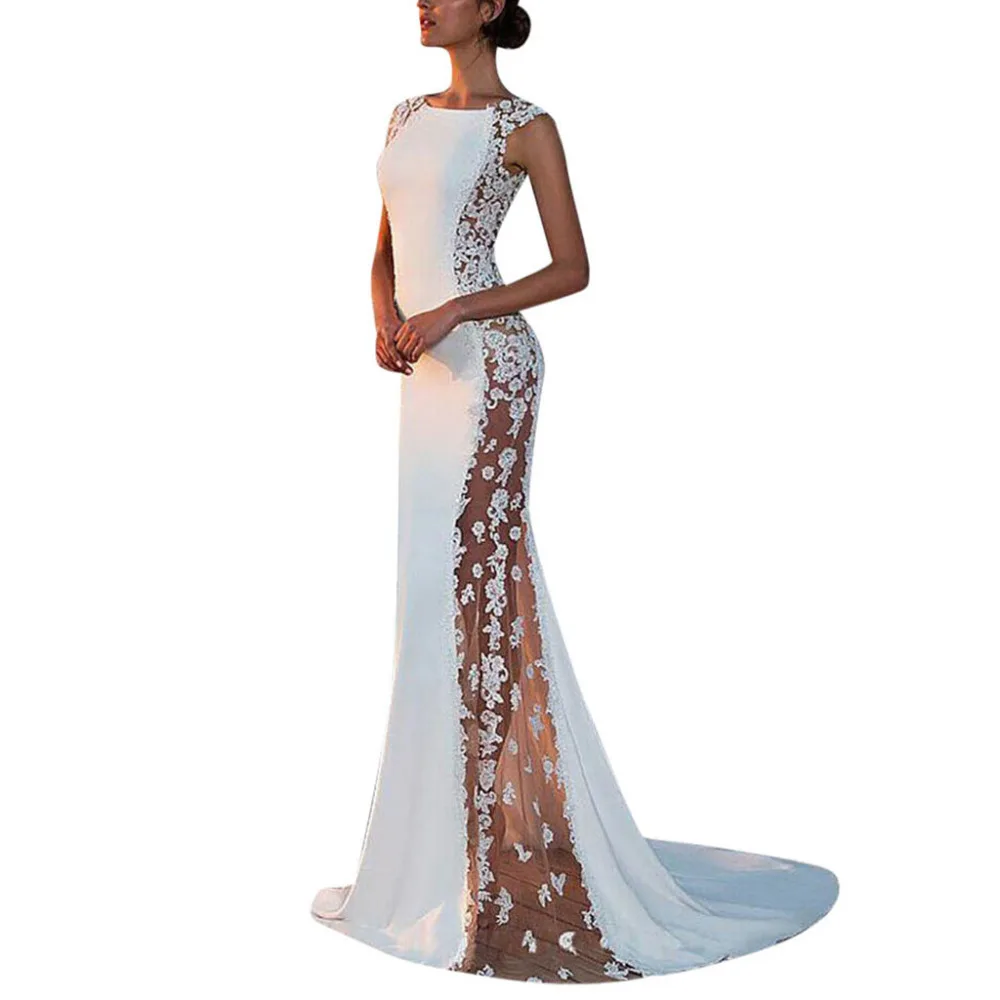 

Women Solid white sleeveless Hollow out Formal Wedding Bridesmaid Lace formal Party Ball Prom summer Long Dress 2019 #SL