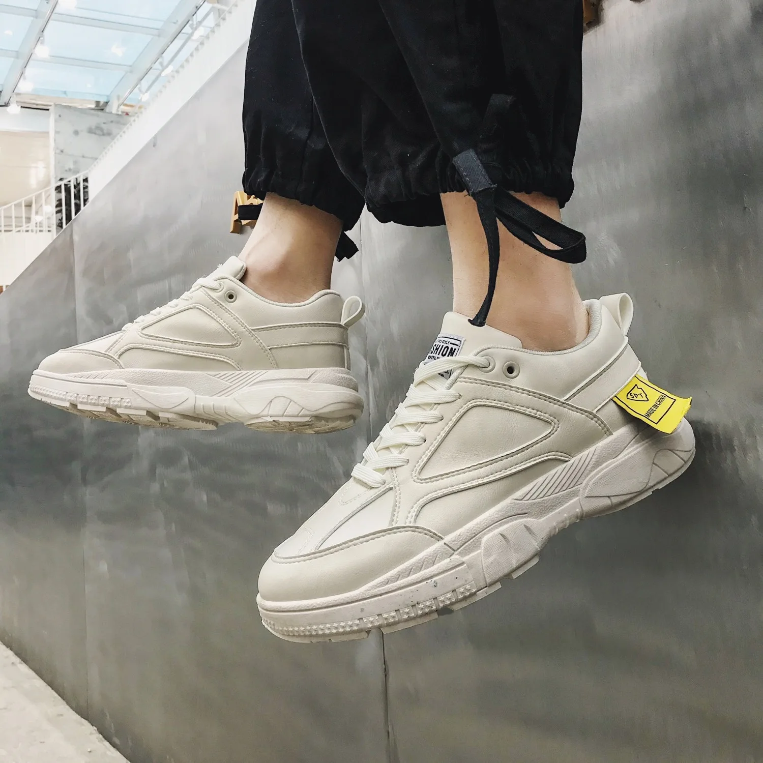 Homens Flats Tênis Caminhada Dos De Respirável Sapatos preto Qualidade branco Moda Couro up 2019 Casuais Alta Lac Novo Bege wvSX6X