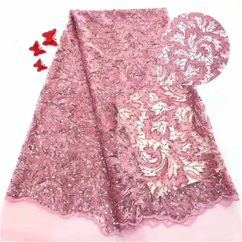 

2019 Latest Style Pink High Quality African Velvet Lace Fabric With Sequins Nigerian Lace Fabrics For Wedding Party