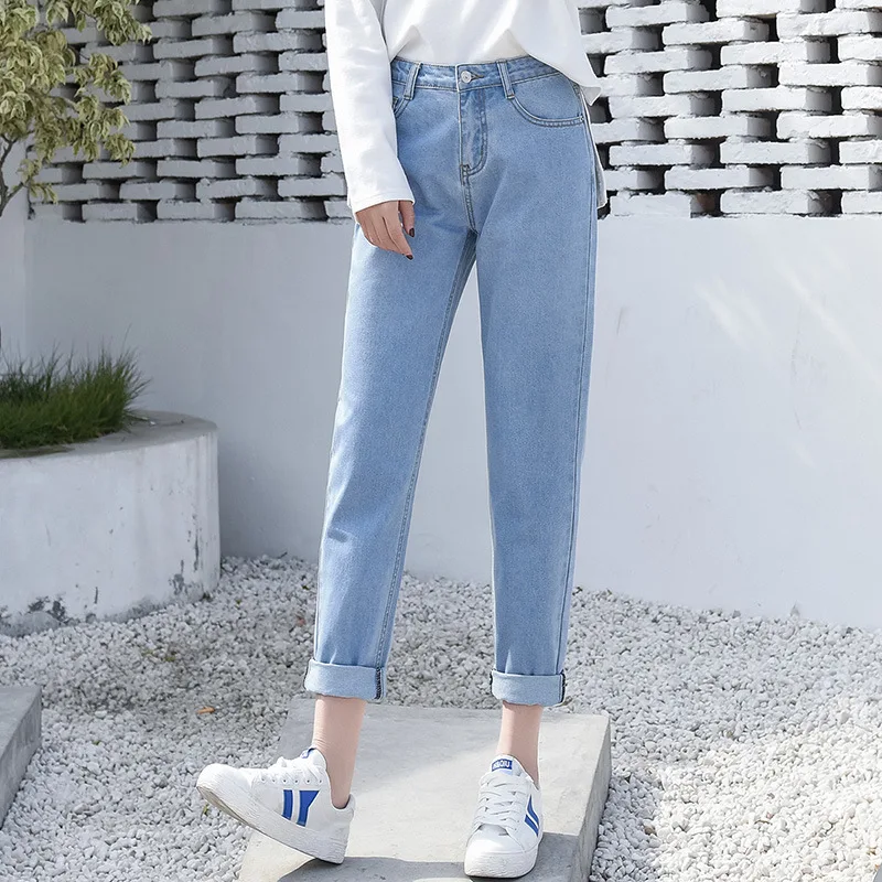 Весна лето рваные джинсы женские с высокой талией бойфренд джинсы для женщин большие размеры синий черный белый джинсы брюки - Цвет: light blue