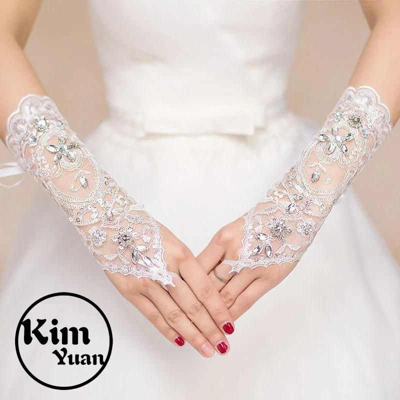 

KIM YUAN New short wedding gloves bride wedding lace hook beaded beaded gloves