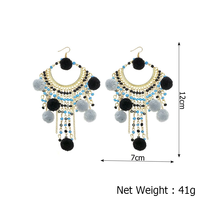 MANILAI Fashion Pom Pom Long Beaded Tassel Earrings Ethnic Jewelry Women Big Dangle Firenze Fringe Drop Earring Boho Pendientes