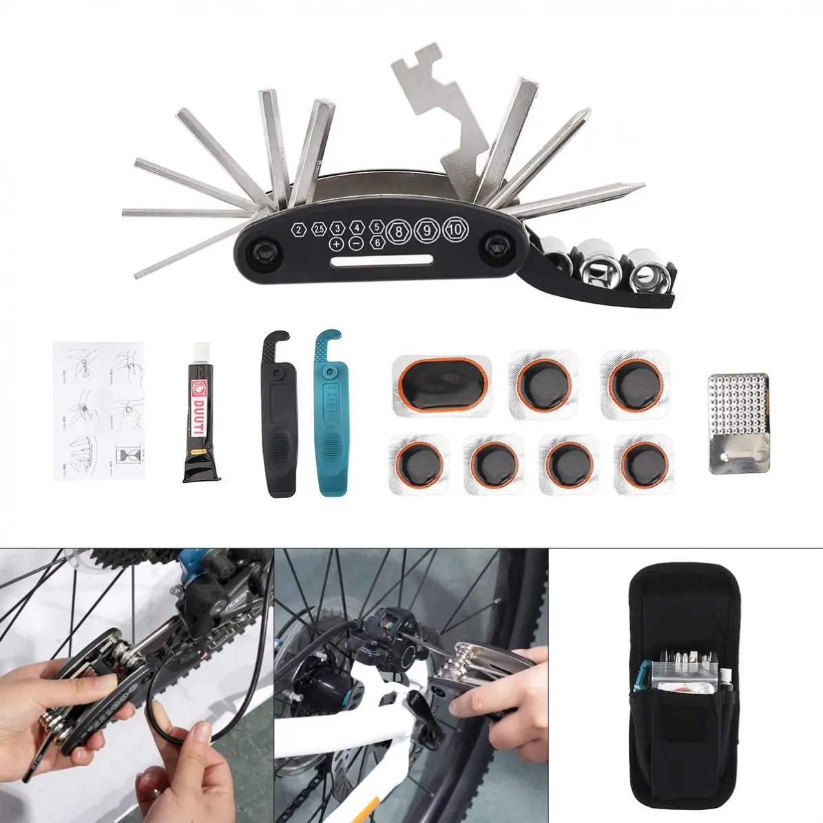 cheap Carbon Steel Portable Mini 16 in 1 Multifunctional Bicycle Tool Bag with Tool Kit and Tire Repair Tool Kit