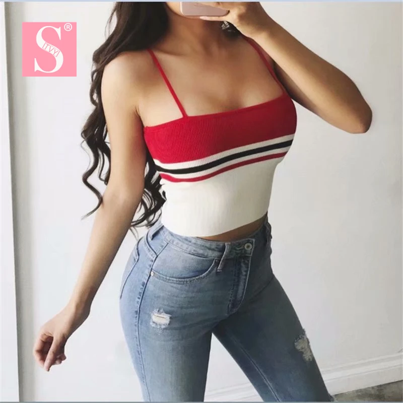 

STVY Female Chic Crop Top Women Camisole Knitting Tank Top Female Cropped 2018 Summer Strap Sleeveless Cami Short Tops Vests