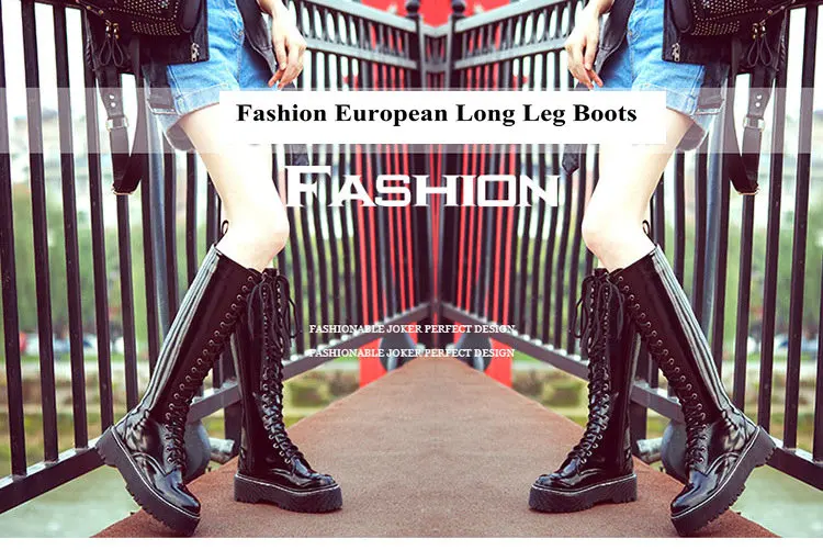 Рыцарские сапоги до колена сапоги с перекрестной шнуровкой и круглым носком Модные сапоги из лакированной кожи женские мотоциклетные сапоги